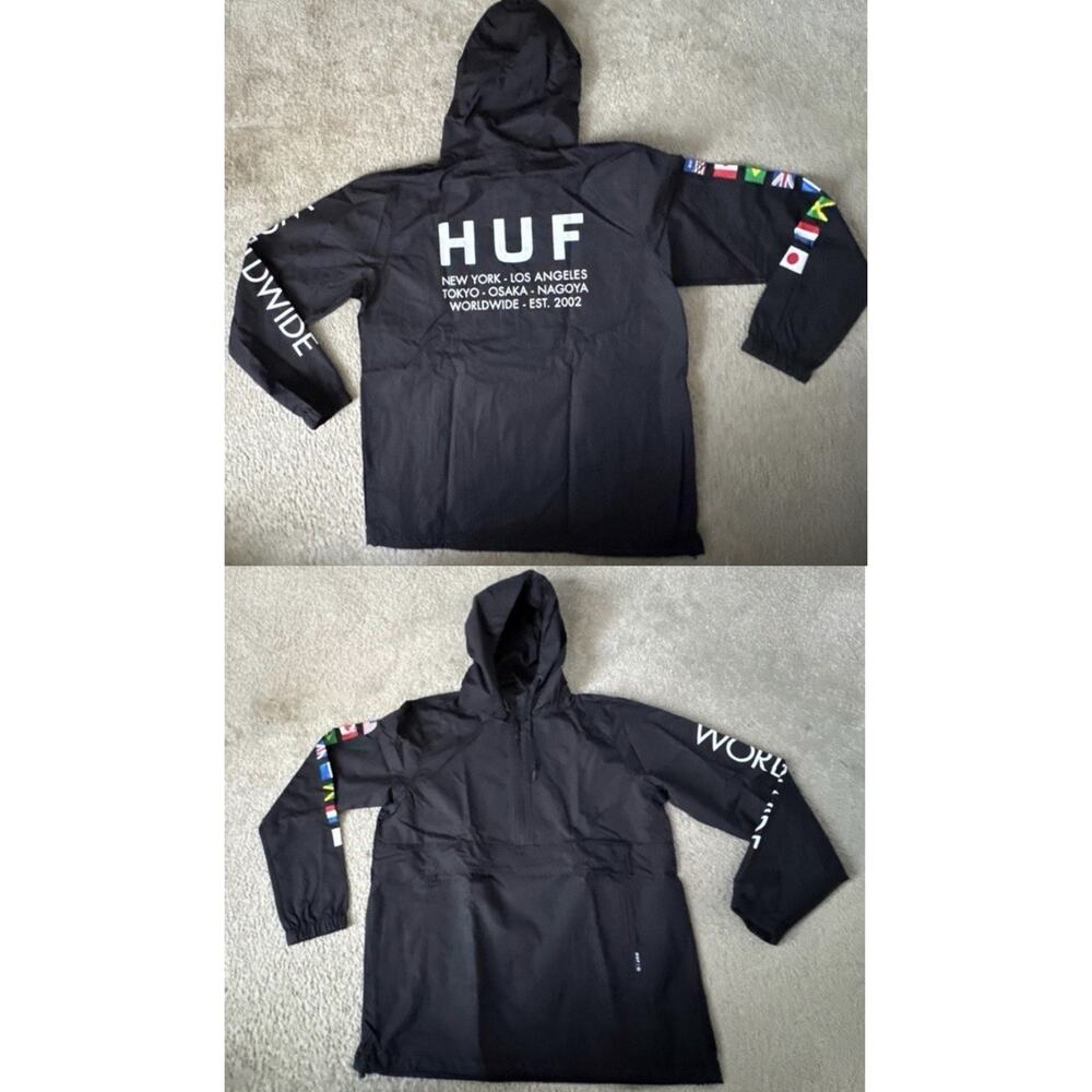 HUF Worldwide Hooded Windbreaker Black Jacket Men’s Medium Flags Streetwear NWOT